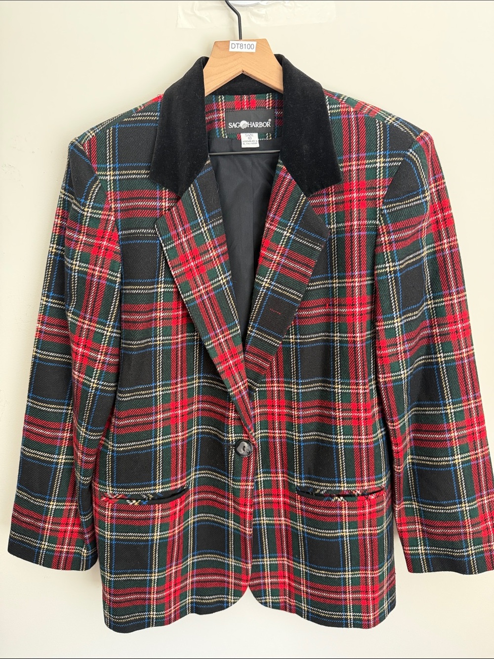 Sag Harbor Tartan wool blend Blazer Velvet Colar size 12